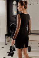 Sukienka dopasowana mini z długim rękawem w groszki czarna K032