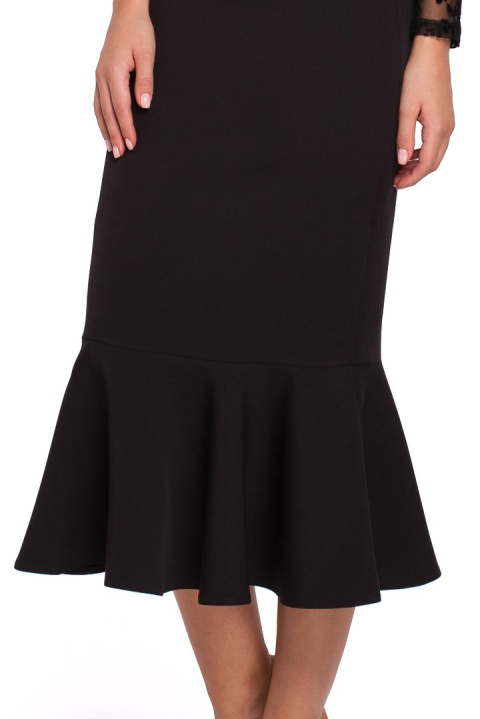Elegancka spódnica ołówkowa midi z falbaną dopasowana czarna K025 Elegancka spódnica ołówkowa midi z falbaną dopasowana czarna K025