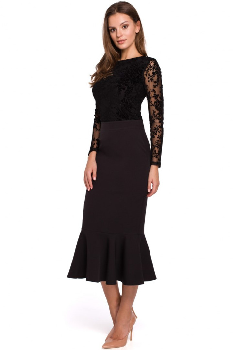 Elegancka spódnica ołówkowa midi z falbaną dopasowana czarna K025 Elegancka spódnica ołówkowa midi z falbaną dopasowana czarna K025