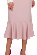 Elegancka spódnica ołówkowa midi z falbaną dopasowana różowa K025