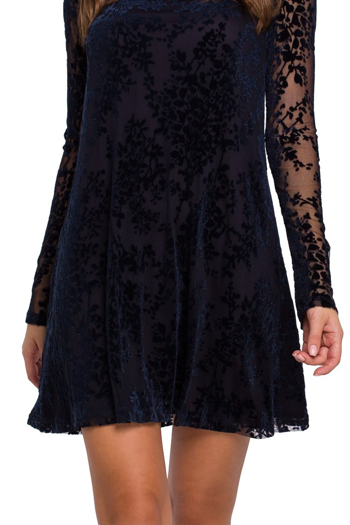 Elegancka sukienka koronkowa mini rozkloszowana fason A granatowa K023 Elegancka sukienka koronkowa mini rozkloszowana fason A granatowa K023