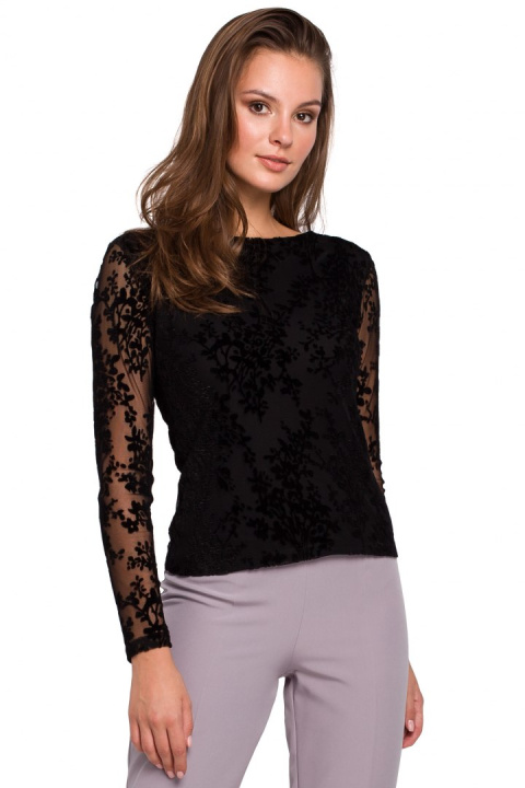 Elegancka bluzka damska koronkowa dopasowana długi rękaw czarna K024
