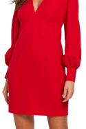 Zmysłowa sukienka mini dekolt V długi bufiasty rękaw czerwona K027