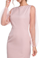Sukienka dopasowana mini z długim rękawem w groszki różowa K032