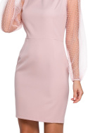 Sukienka dopasowana mini z długim rękawem w groszki różowa K032