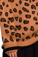 Sweter damski w lamparcie cętki ze ściągaczem brązowy m4 BK029