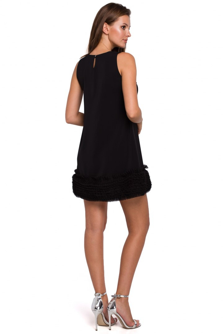 Sukienka trapezowa mini z pasem marszczonego tiulu czarna K038