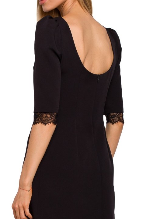 Elegancka sukienka midi z koronką i dekoltem na plecach czarna me489 Elegancka sukienka midi z koronką i dekoltem na plecach czarna me489