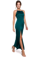 Elegancka sukienka maxi dopasowana z rozcięciem bez rękawów zielona K042