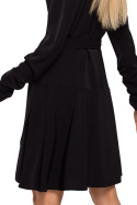 Sukienka rozkloszowana na zakładkę z długim rękawem czarna me487