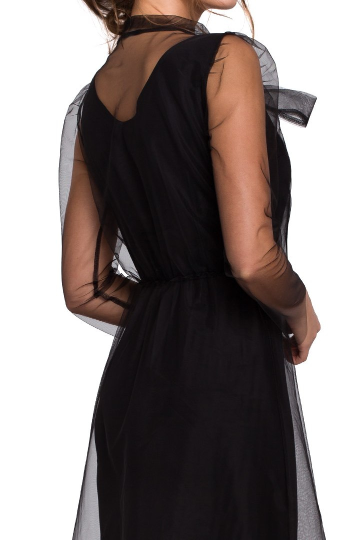 Sukienka dopasowana tiulowa dwuwarstwowa długi rękaw czarna K039