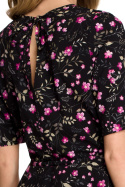 Bluzka damska z baskinką i wiązaniem czarna/kwiaty S110