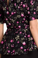 Bluzka damska z baskinką i wiązaniem czarna/kwiaty S110