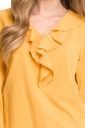 Bluzka damska luźna z żabotem i dekoltem V długi rękaw żółta S104