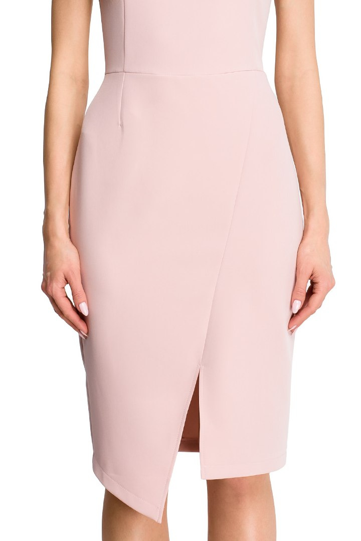 Elegancka sukienka dopasowana bez rękawów z rozcięciem pudrowa S105 Elegancka sukienka dopasowana bez rękawów z rozcięciem pudrowa S105