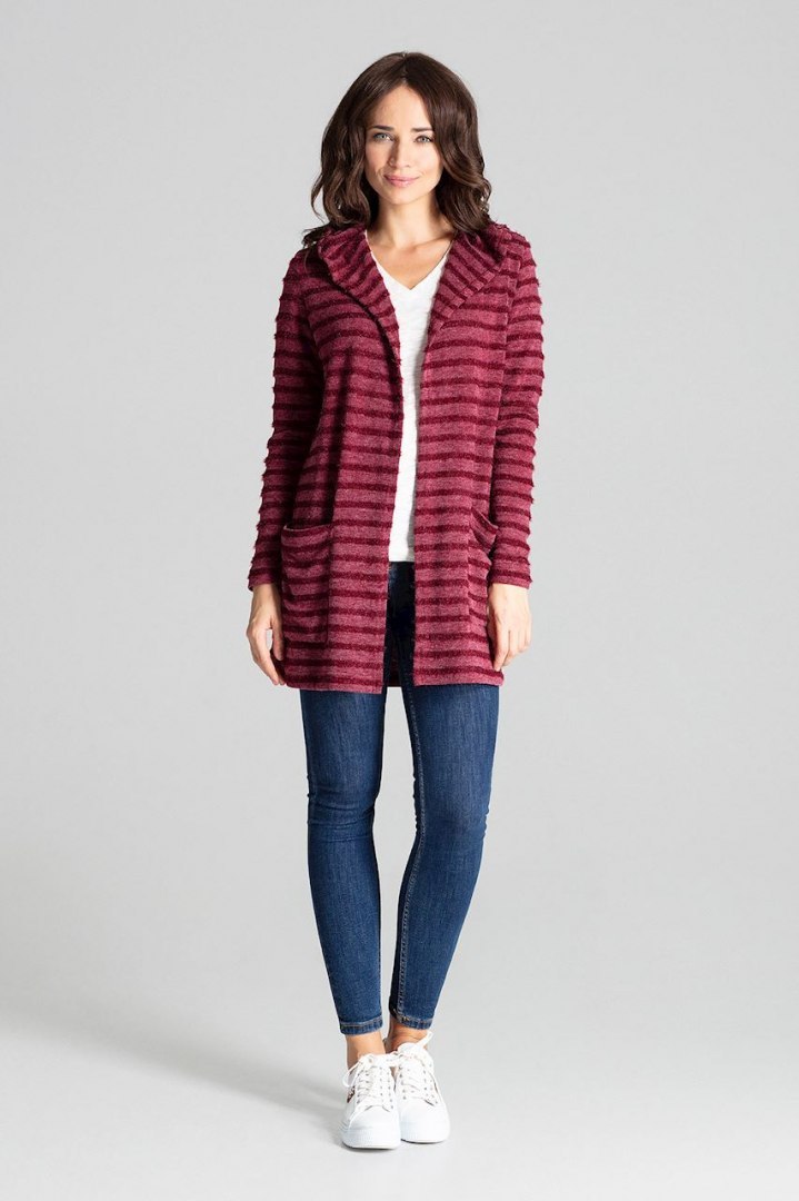 Sweter damski z kapturem z dzianiny w ozdobne paski bordowy L070 Sweter damski z kapturem z dzianiny w ozdobne paski bordowy L070