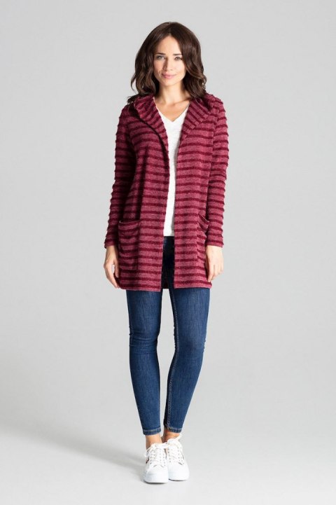 Sweter damski z kapturem z dzianiny w ozdobne poziome paski bordowy L070 Sweter damski z kapturem z dzianiny w ozdobne poziome paski bordowy L070