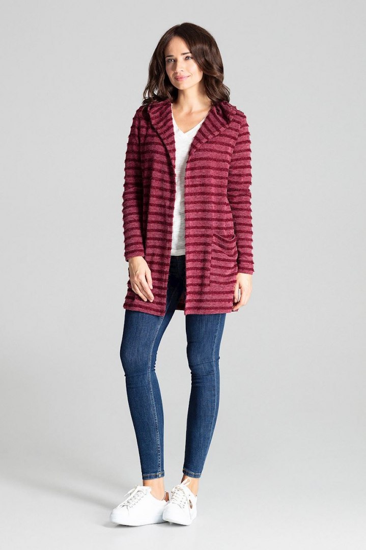 Sweter damski z kapturem z dzianiny w ozdobne paski bordowy L070 Sweter damski z kapturem z dzianiny w ozdobne paski bordowy L070