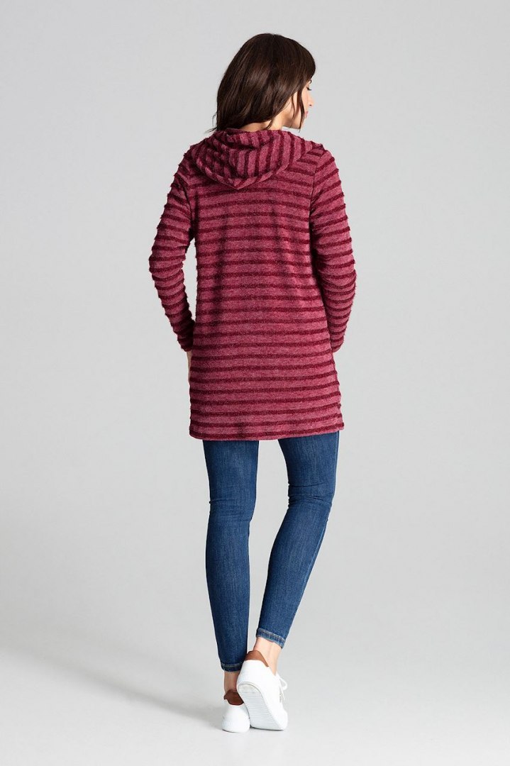 Sweter damski z kapturem z dzianiny w ozdobne paski bordowy L070 Sweter damski z kapturem z dzianiny w ozdobne paski bordowy L070