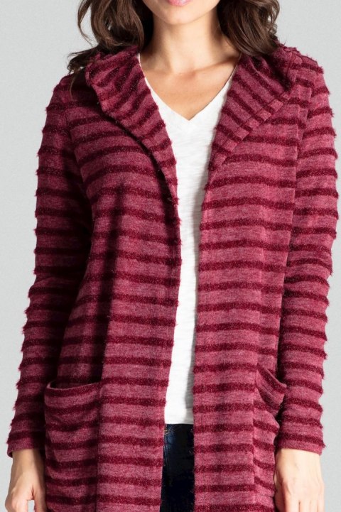 Sweter damski z kapturem z dzianiny w ozdobne poziome paski bordowy L070 Sweter damski z kapturem z dzianiny w ozdobne poziome paski bordowy L070