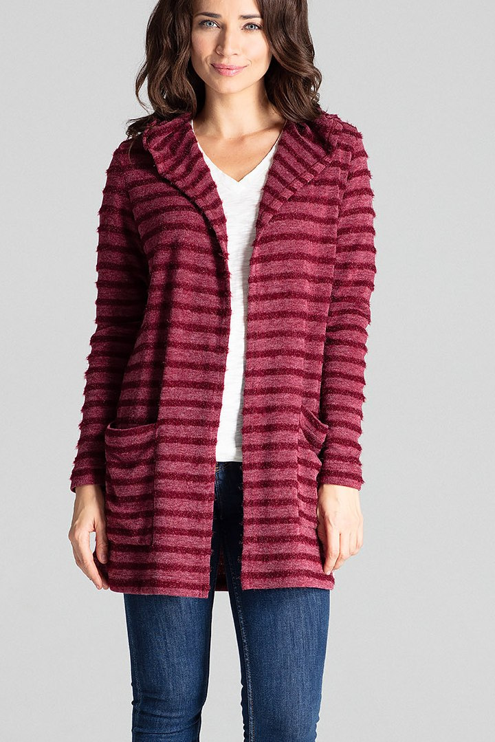 Sweter damski z kapturem z dzianiny w ozdobne paski bordowy L070 Sweter damski z kapturem z dzianiny w ozdobne paski bordowy L070