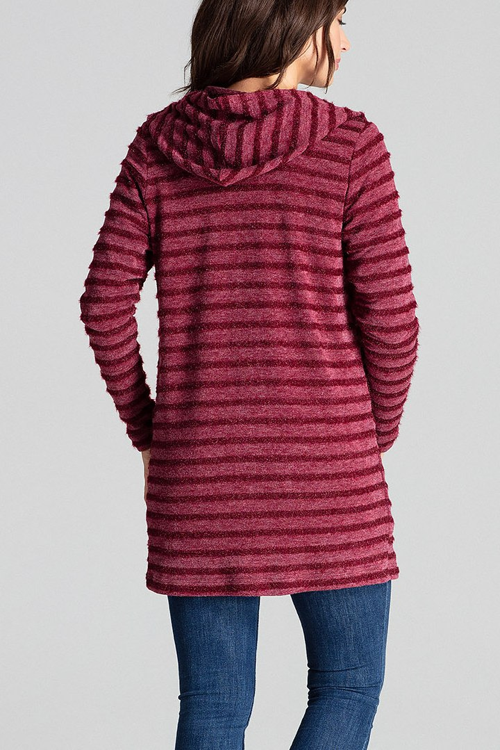Sweter damski z kapturem z dzianiny w ozdobne paski bordowy L070 Sweter damski z kapturem z dzianiny w ozdobne paski bordowy L070