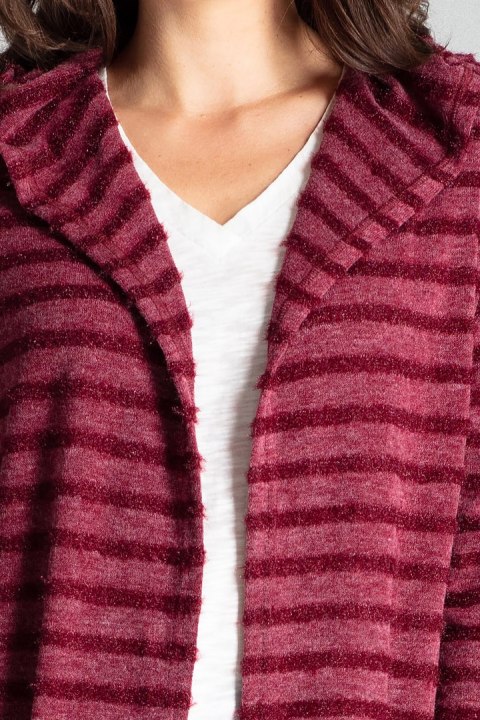 Sweter damski z kapturem z dzianiny w ozdobne poziome paski bordowy L070 Sweter damski z kapturem z dzianiny w ozdobne poziome paski bordowy L070