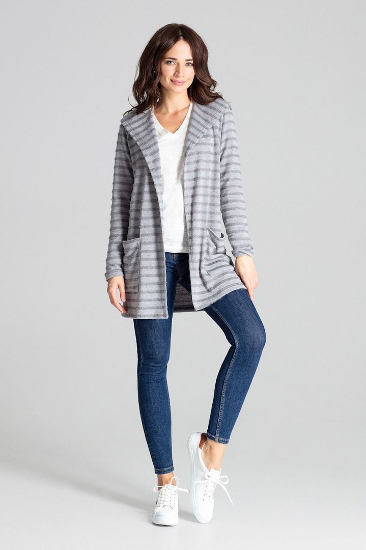 Sweter damski z kapturem z dzianiny w ozdobne paski szary L070 Sweter damski z kapturem z dzianiny w ozdobne paski szary L070