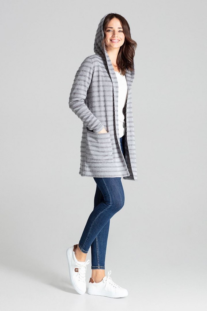 Sweter damski z kapturem z dzianiny w ozdobne paski szary L070 Sweter damski z kapturem z dzianiny w ozdobne paski szary L070