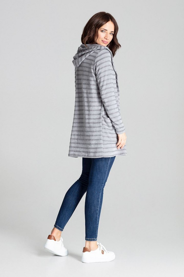 Sweter damski z kapturem z dzianiny w ozdobne paski szary L070 Sweter damski z kapturem z dzianiny w ozdobne paski szary L070