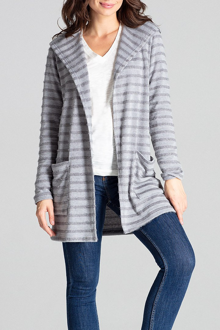 Sweter damski z kapturem z dzianiny w ozdobne paski szary L070 Sweter damski z kapturem z dzianiny w ozdobne paski szary L070