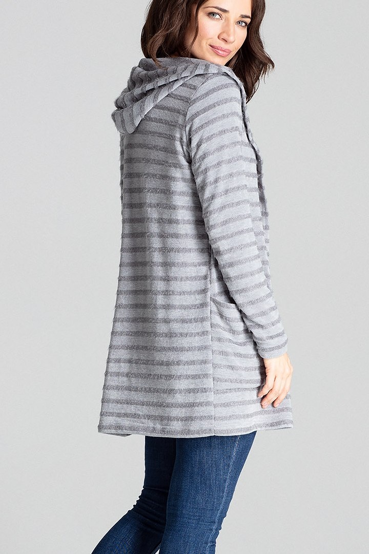 Sweter damski z kapturem z dzianiny w ozdobne paski szary L070 Sweter damski z kapturem z dzianiny w ozdobne paski szary L070