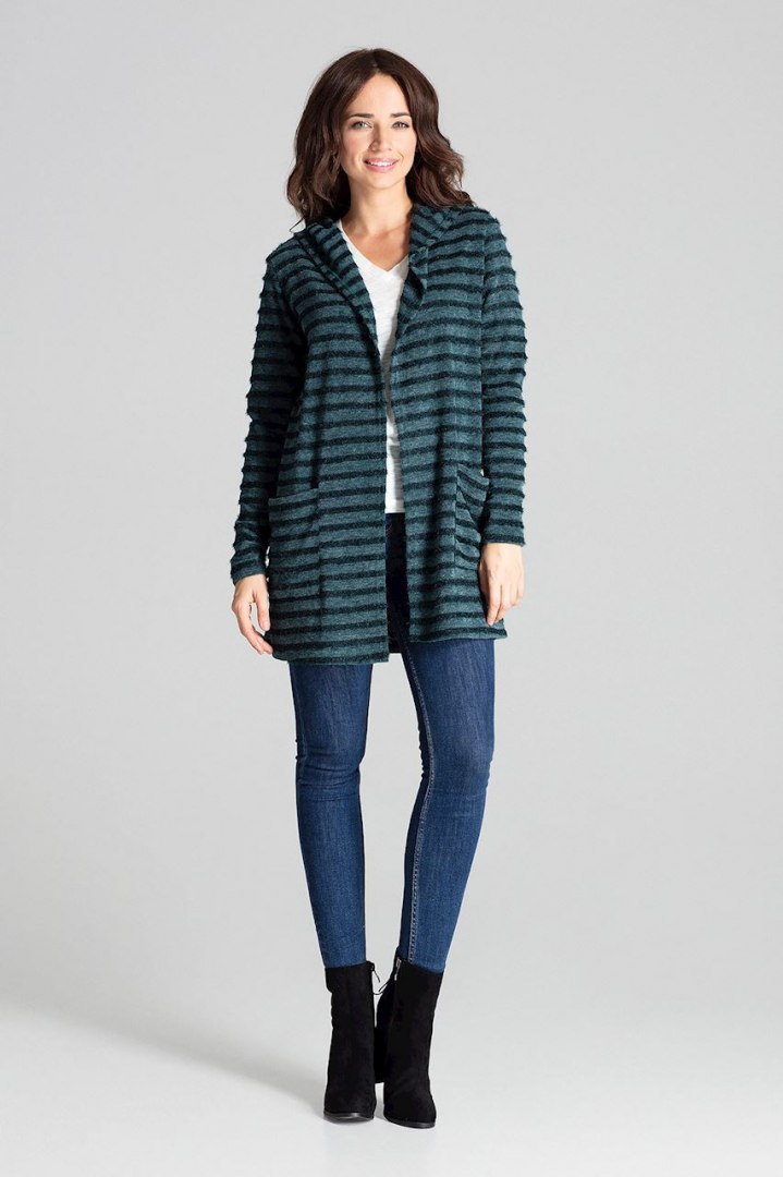 Sweter damski z kapturem z dzianiny w ozdobne paski zielony L070 Sweter damski z kapturem z dzianiny w ozdobne paski zielony L070