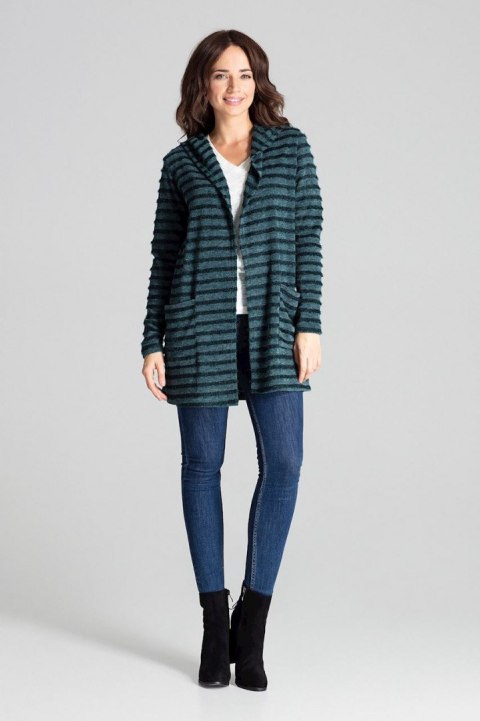 Sweter damski z kapturem z dzianiny w ozdobne poziome paski zielony L070 Sweter damski z kapturem z dzianiny w ozdobne poziome paski zielony L070