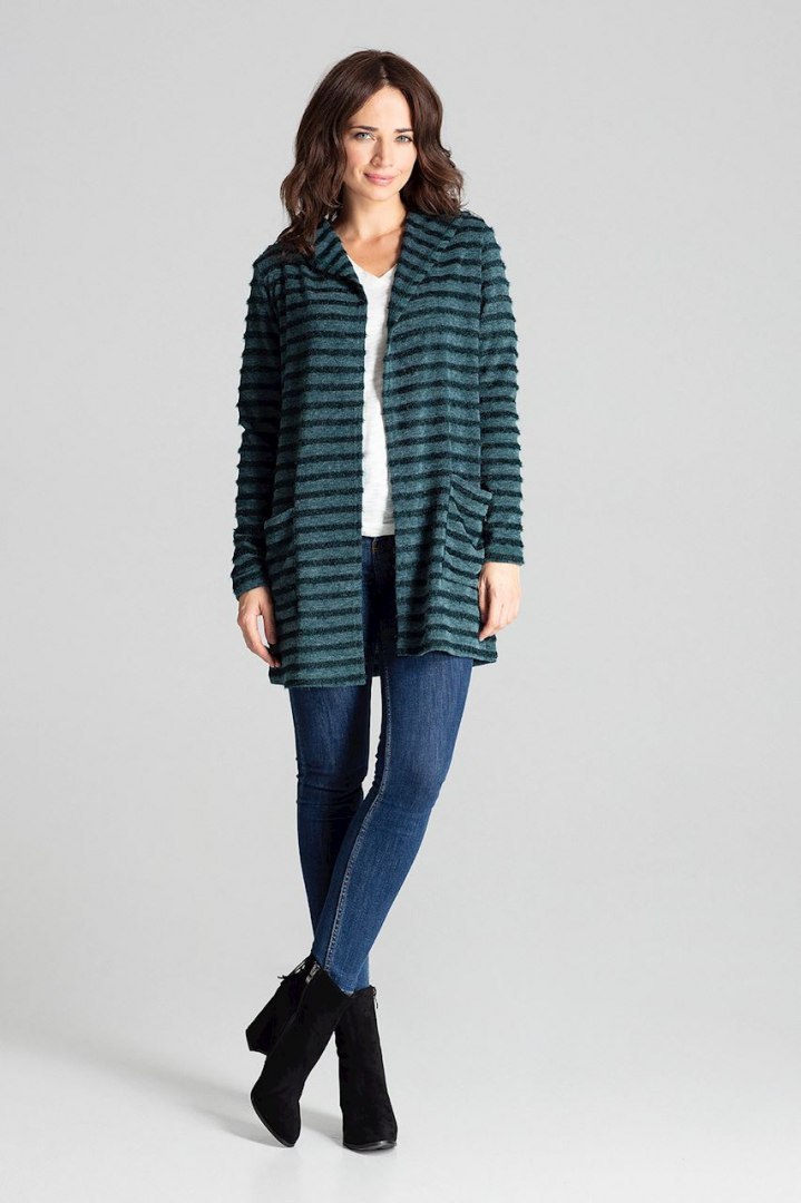 Sweter damski z kapturem z dzianiny w ozdobne paski zielony L070 Sweter damski z kapturem z dzianiny w ozdobne paski zielony L070