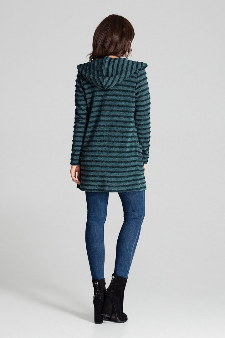 Sweter damski z kapturem z dzianiny w ozdobne paski zielony L070 Sweter damski z kapturem z dzianiny w ozdobne paski zielony L070