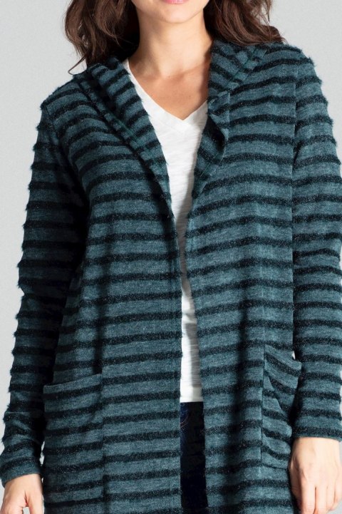 Sweter damski z kapturem z dzianiny w ozdobne poziome paski zielony L070 Sweter damski z kapturem z dzianiny w ozdobne poziome paski zielony L070