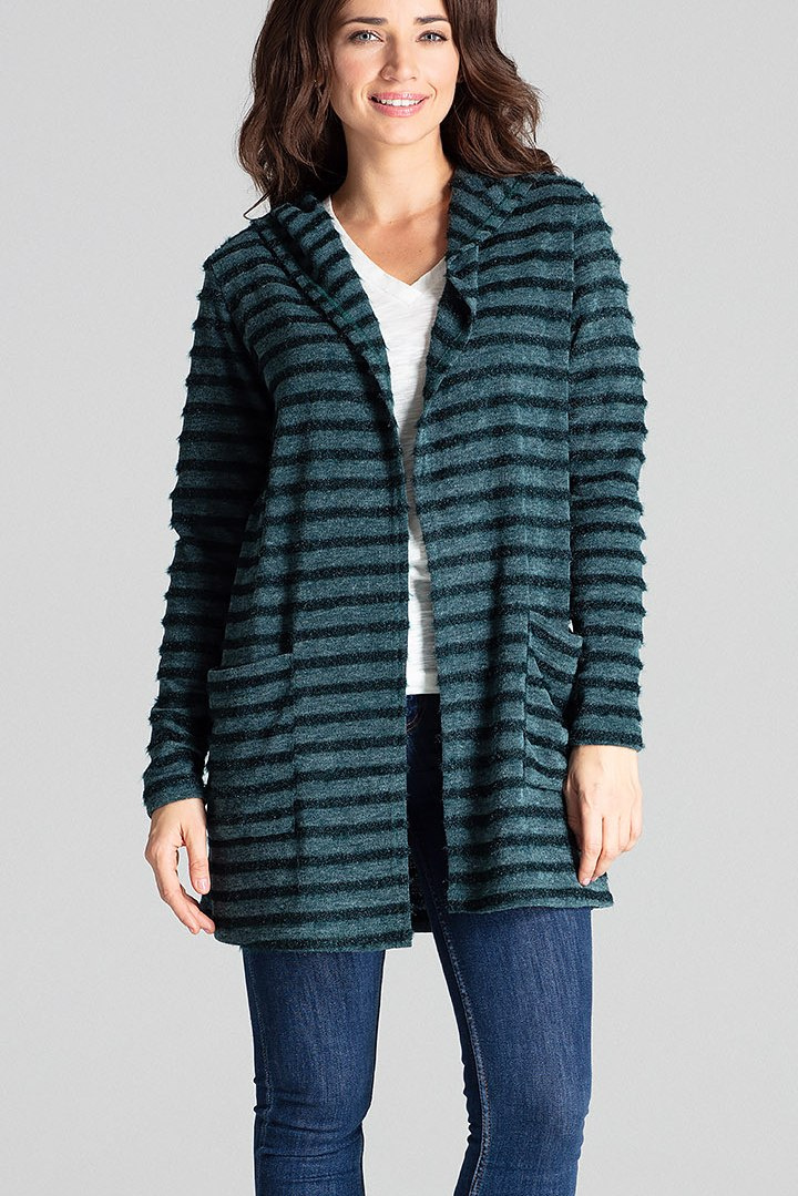 Sweter damski z kapturem z dzianiny w ozdobne paski zielony L070 Sweter damski z kapturem z dzianiny w ozdobne paski zielony L070