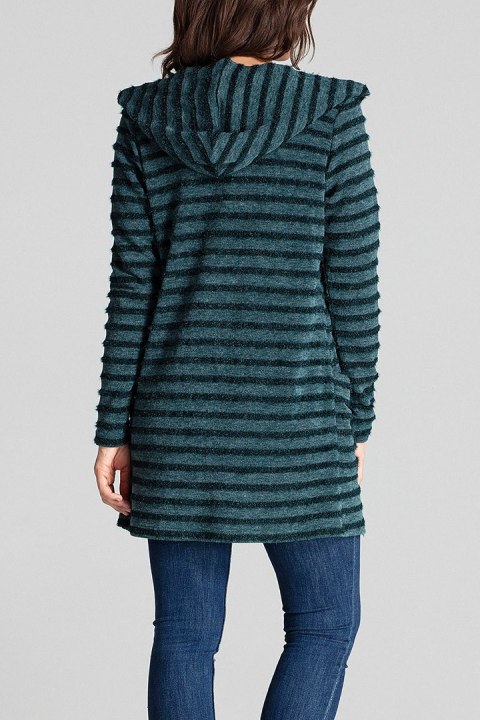 Sweter damski z kapturem z dzianiny w ozdobne poziome paski zielony L070 Sweter damski z kapturem z dzianiny w ozdobne poziome paski zielony L070