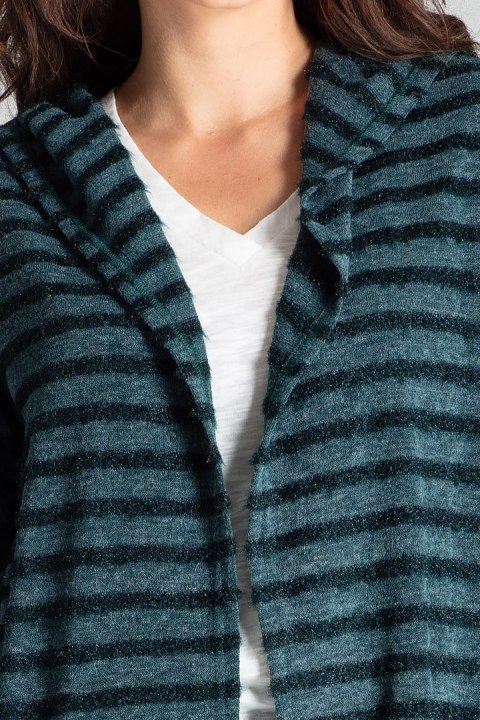 Sweter damski z kapturem z dzianiny w ozdobne poziome paski zielony L070 Sweter damski z kapturem z dzianiny w ozdobne poziome paski zielony L070