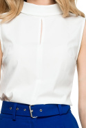 Prosta bluzka damska bez rękawów ze stójką i pęknięciem ecru S123