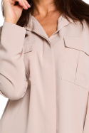 Bluzka damska koszulowa luźna ze stójką długi rękaw beżowa S144