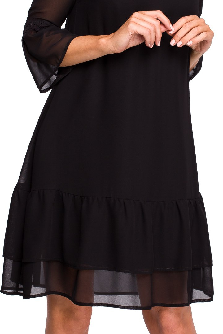 Sukienka rozkloszowana szyfonowa midi z falbanami czarna S160