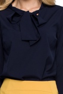 Gładka bluzka damska z wiązaniem pod szyją długi rękaw granatowa S130