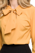 Gładka bluzka damska z wiązaniem pod szyją długi rękaw żółta S130