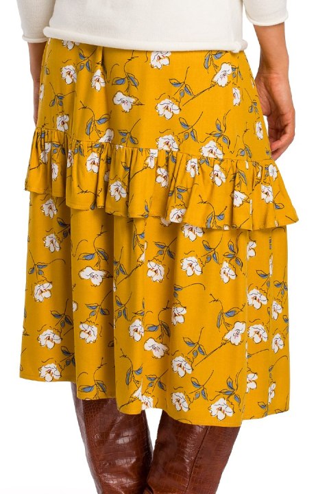 Spódnica midi rozkloszowana w kwiaty z falbanami miodowa S179 Spódnica midi rozkloszowana w kwiaty z falbanami miodowa S179