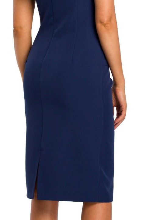 Elegancka sukienka dopasowana midi bez rękawów dekolt V granatowa S174 Elegancka sukienka dopasowana midi bez rękawów dekolt V granatowa S174