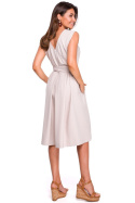 Elegancka sukienka rozkloszowana midi letnia bez rękawów S beżowa S161