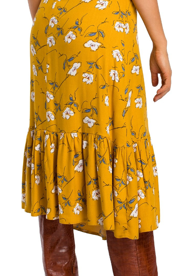 Lekka sukienka midi z wiskozy w kwiaty krótki rękaw miodowa S177