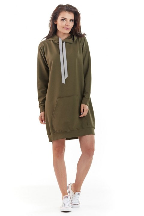 Długa bluza damska z kapturem kieszenią i ściągaczami khaki A212 Długa bluza damska z kapturem kieszenią i ściągaczami khaki A212